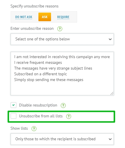 Configuring unsubscription from specific contact lists.