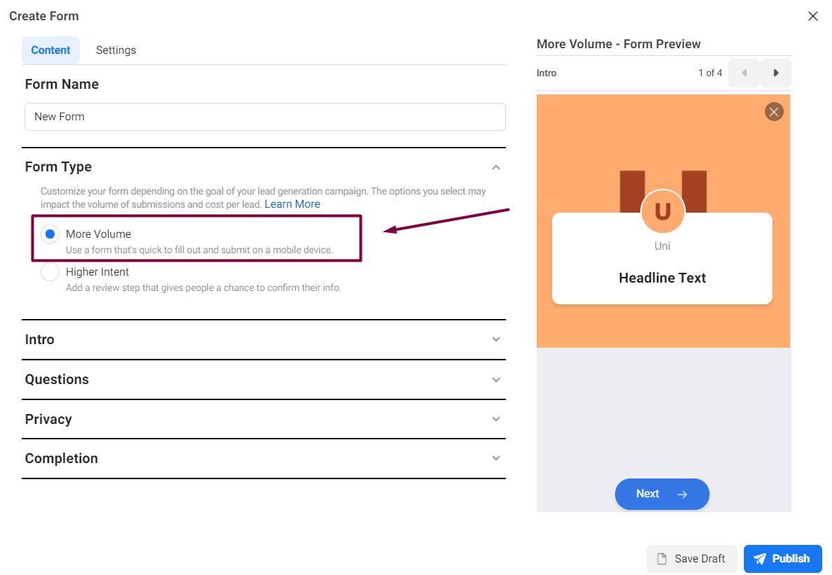 The familiar Lead Form creation page on Facebook.