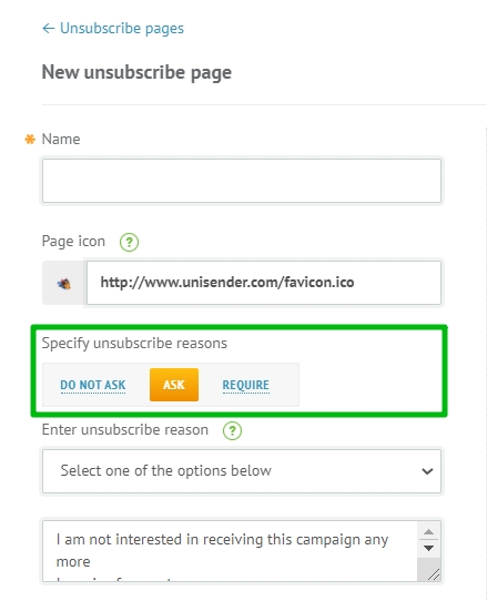 Selecting the conditions for entering the unsubscribe reasons.