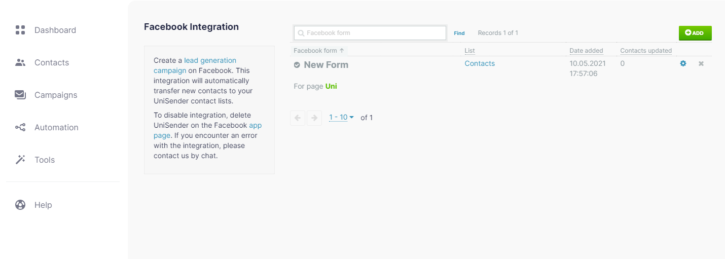 The form will be displayed in your list of integrations