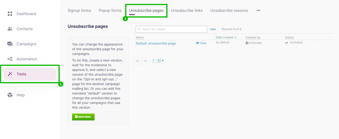 Section "Tools" — "Unsubscribe pages".