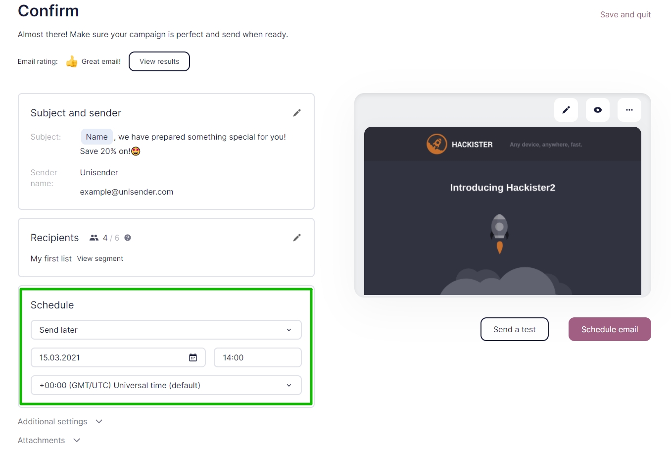 Selecting sending date and time for the campaign