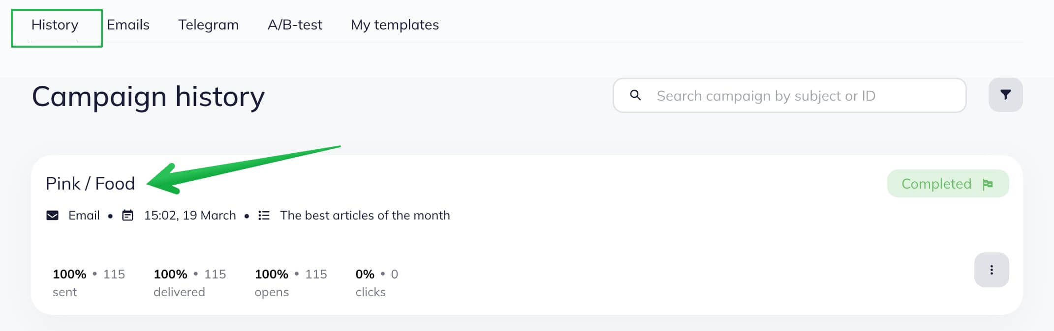 When you click on the name of the campaign, you will go to the report page.