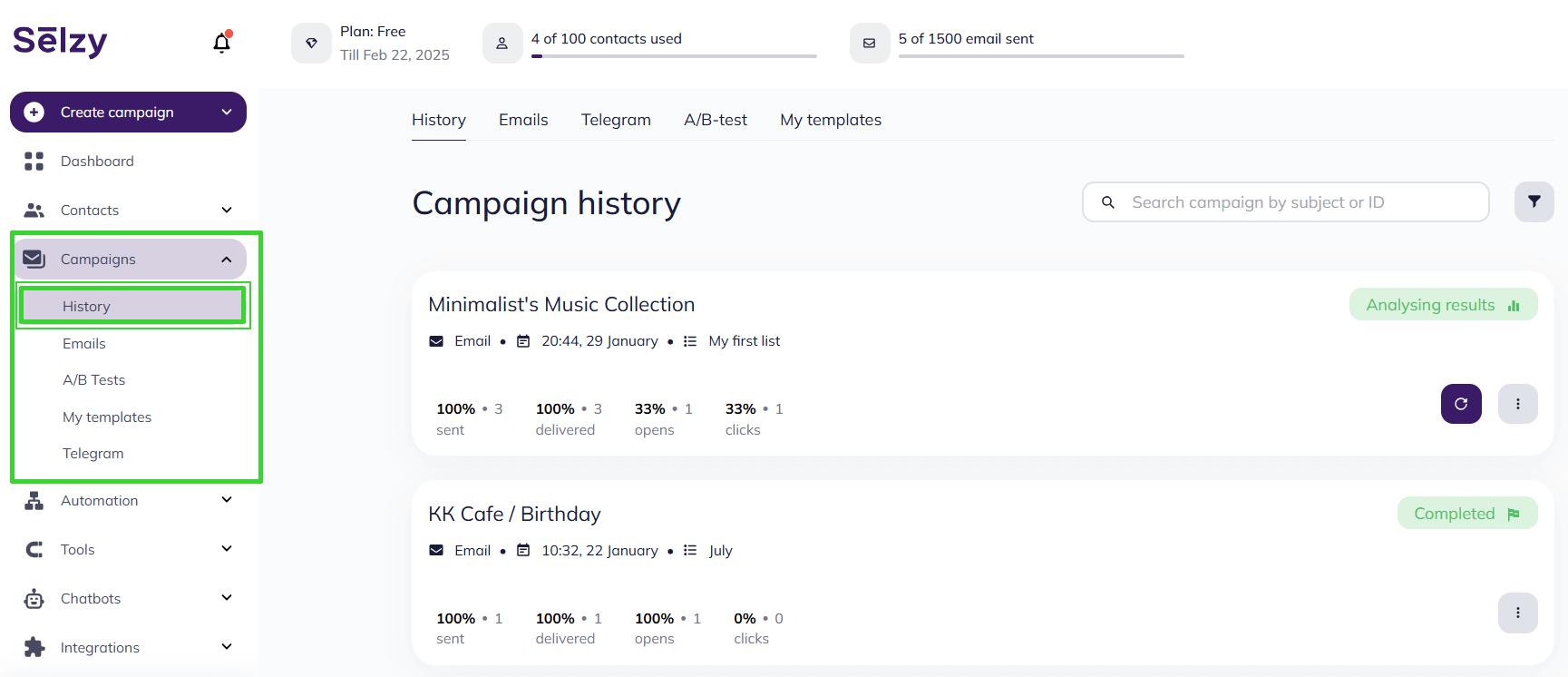 Go Campaigns > Campaign history in your Selzy account to access detailed reports