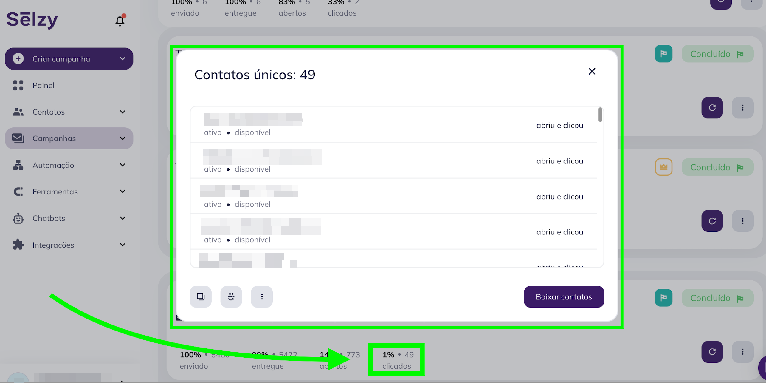 Role até Campanhas Recentes no Painel para visualizar os endereços de e-mail dos contatos que clicaram nos links
