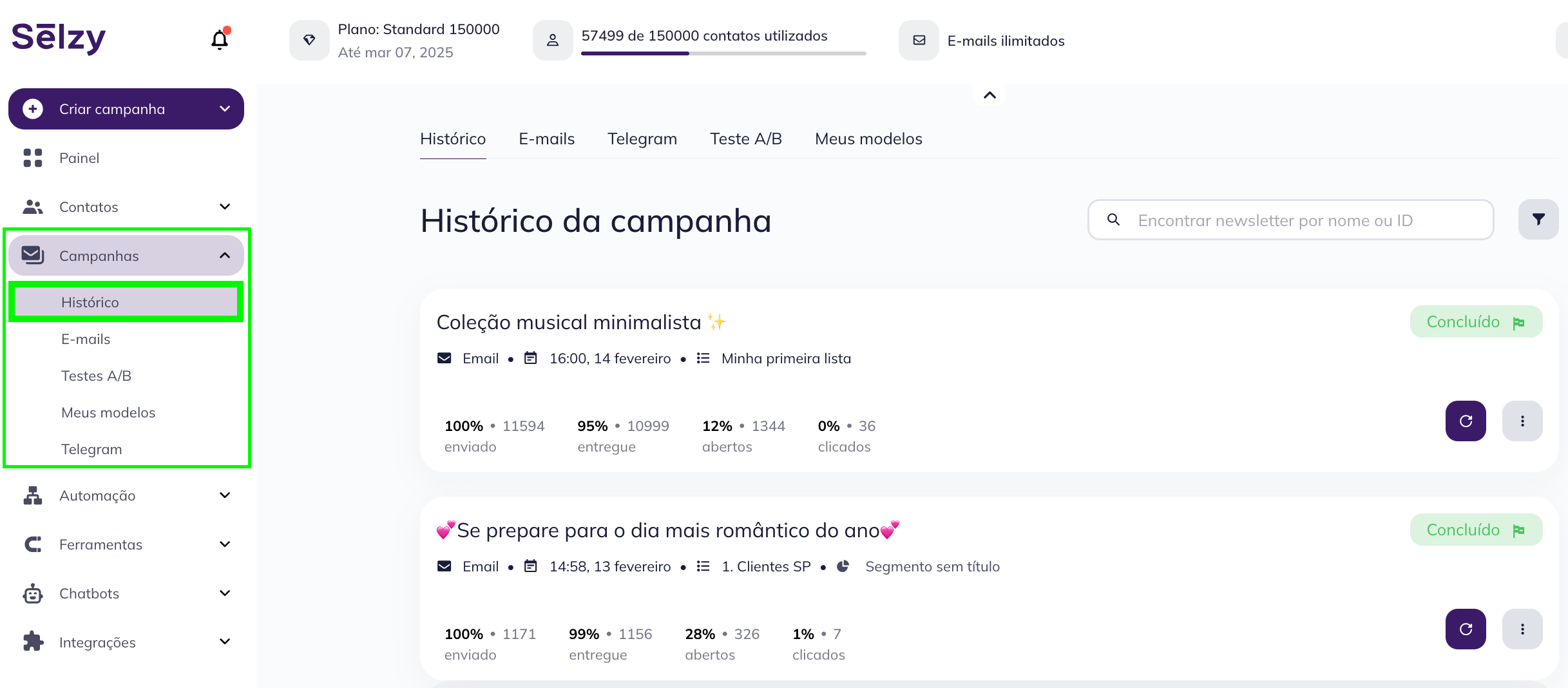 Vá para Campanhas > Histórico na sua conta da Selzy para acessar relatórios detalhados.
