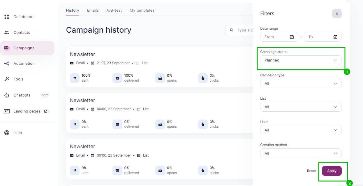 Filtering campaigns by status on the Campaigns page - in Campaigns.