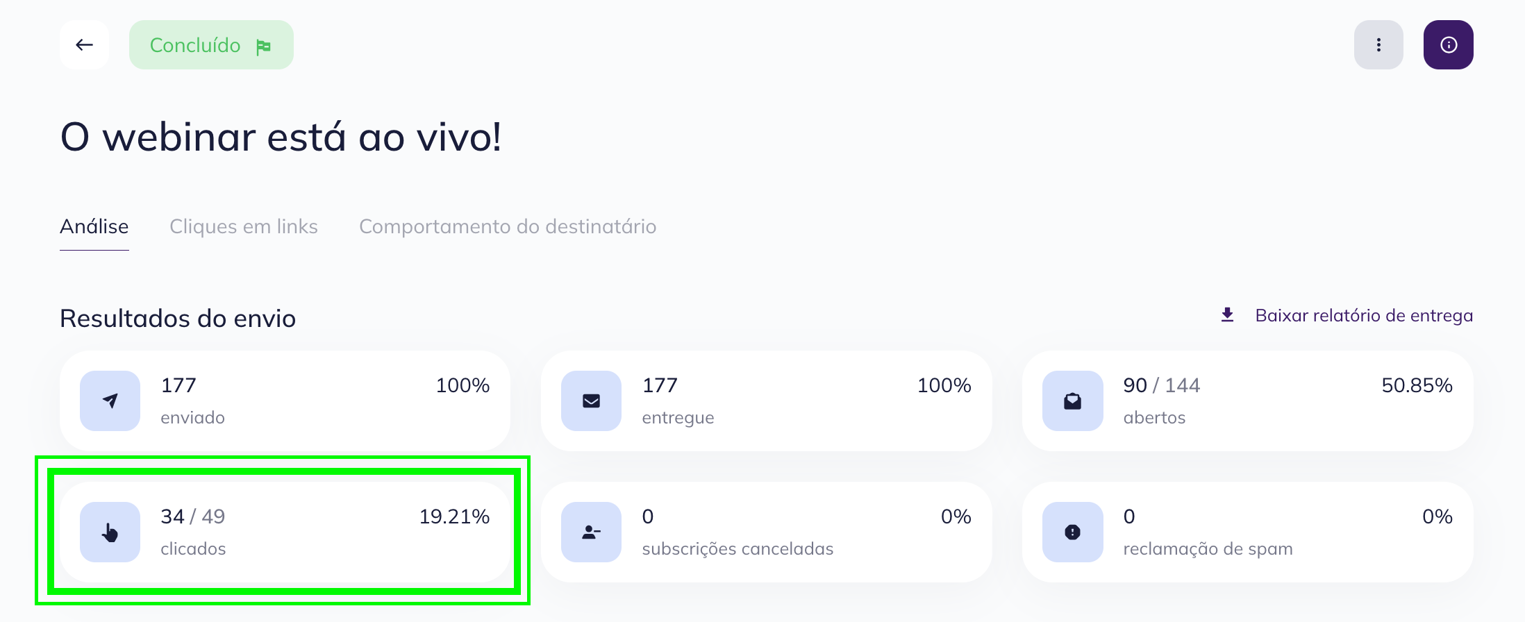 Na página do relatório detalhado da campanha na Selzy, clique no número de cliques para acessar a lista de contatos que clicaram nos links da campanha
