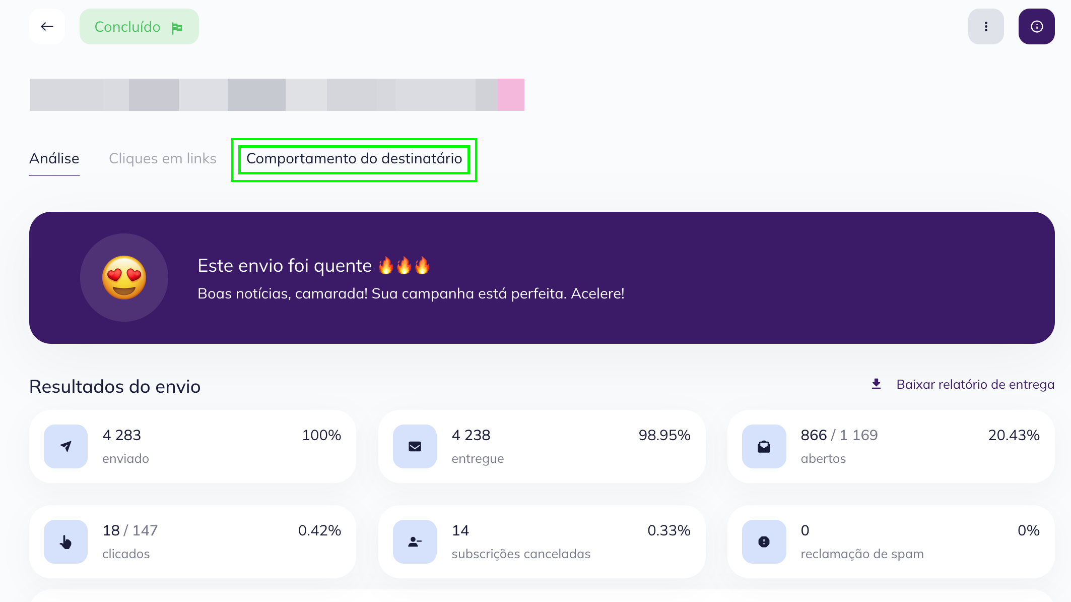 A guia Comportamento do destinatário no relatório detalhado de campanha da Selzy
