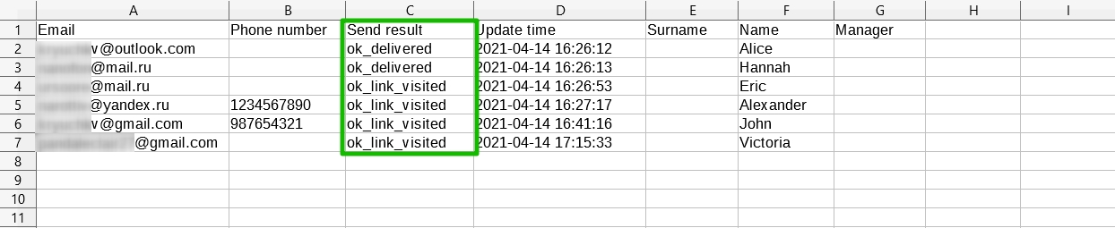 The Send Result column in the delivery report in the CSV format.