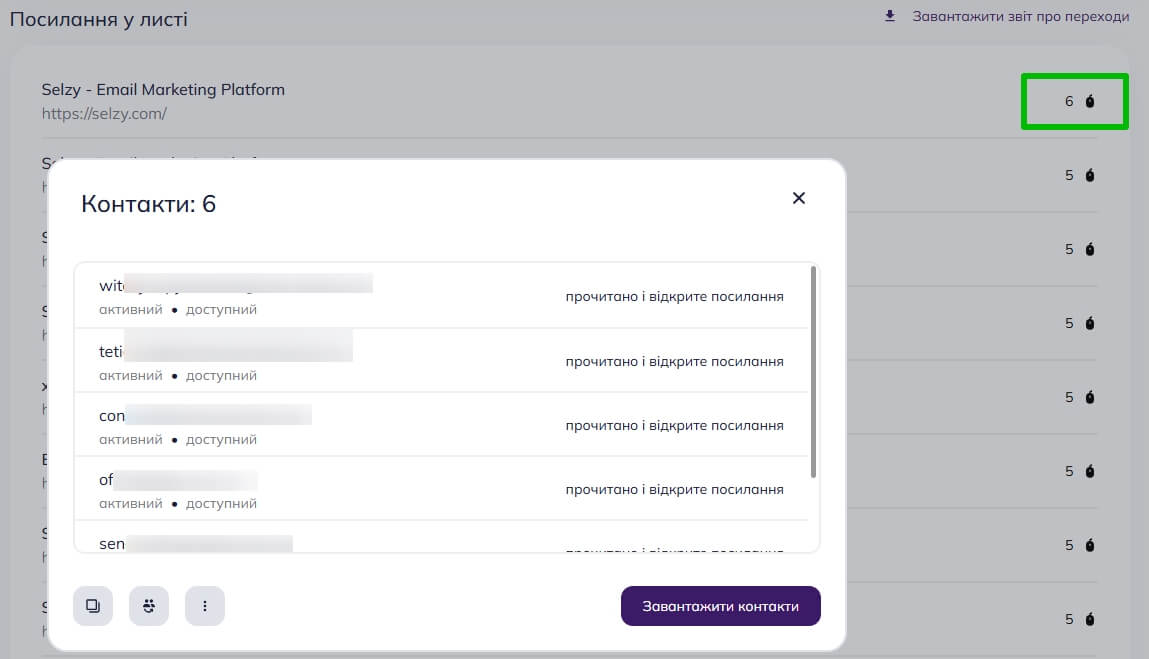 У спливаючому вікні відображається список підписників, які перейшли за обраним посиланням у надісланій розсилці.
