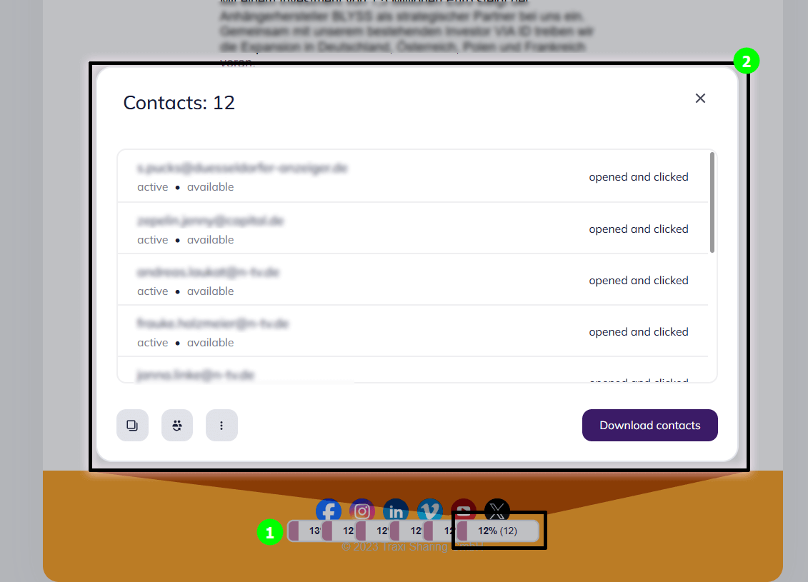 Each tracking link in your email displays the percentage of total clicks it received. Clicking on the link will open a popup showing the contacts who clicked it.