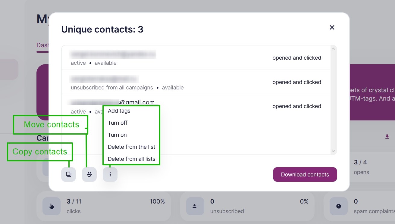 The bottom of the contact list window features buttons of extra actions.
