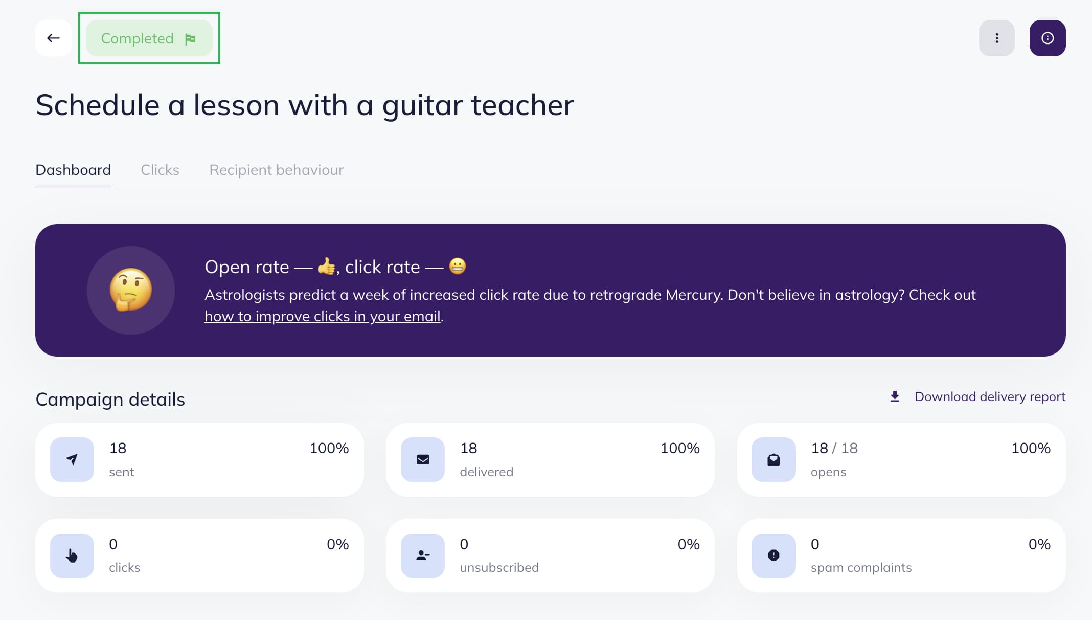 The example of a campaign status on the Campaigns page.