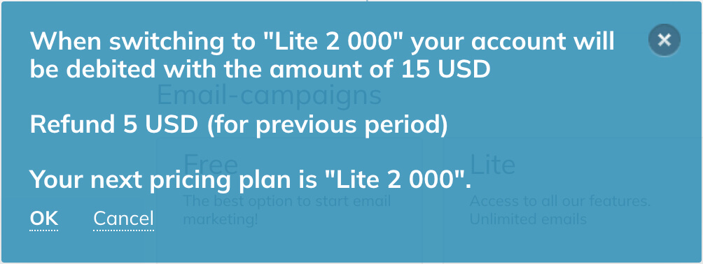 A notification pop-up states that upon switching to Lite 2,000, the user will be charged 15 USD and will get a refund of 5 USD for the unused portion of their current plan