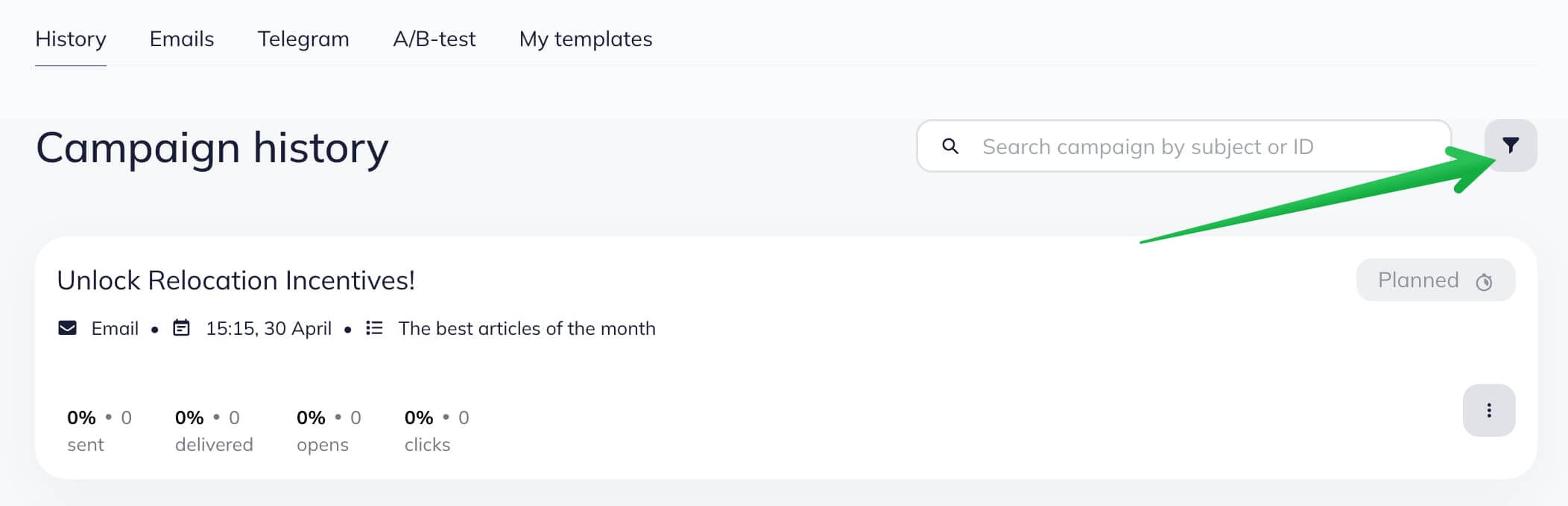 The filter sign on the Campaigns page - in Campaigns.