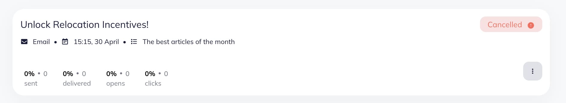 The example of a campaign with the Cancelled status.
