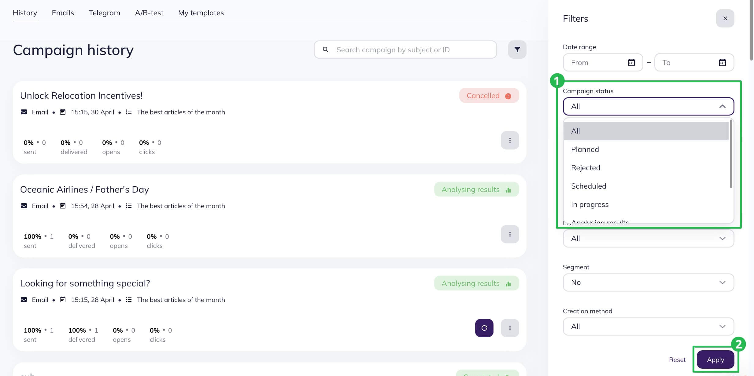 Filtering campaigns by status on the Campaigns page - in Campaigns.