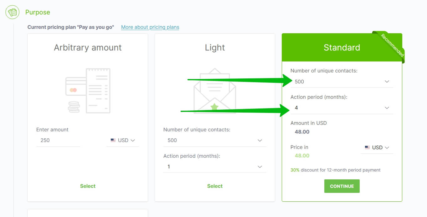 Choose the number of contacts and the time you want your plan to be valid.