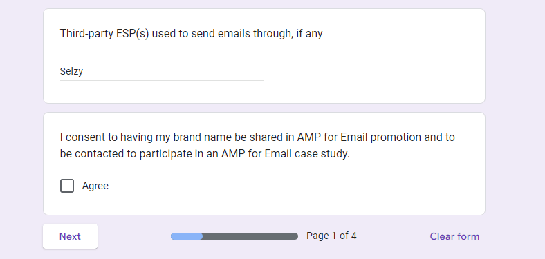 Seção inferior da primeira página do formulário de cadastro de remetente, mostrando o campo de ESP usada para enviar e-mails e o aviso de que o formulário tem quatro páginas.
