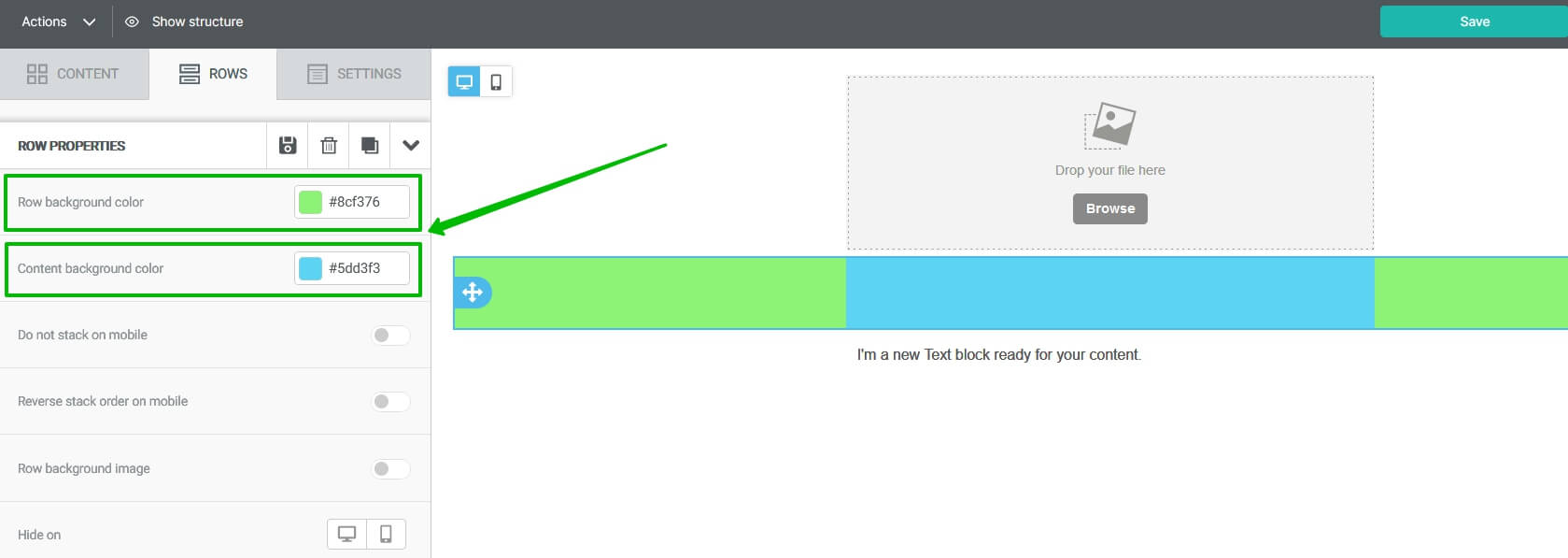 Adjusting the color using rows settings.