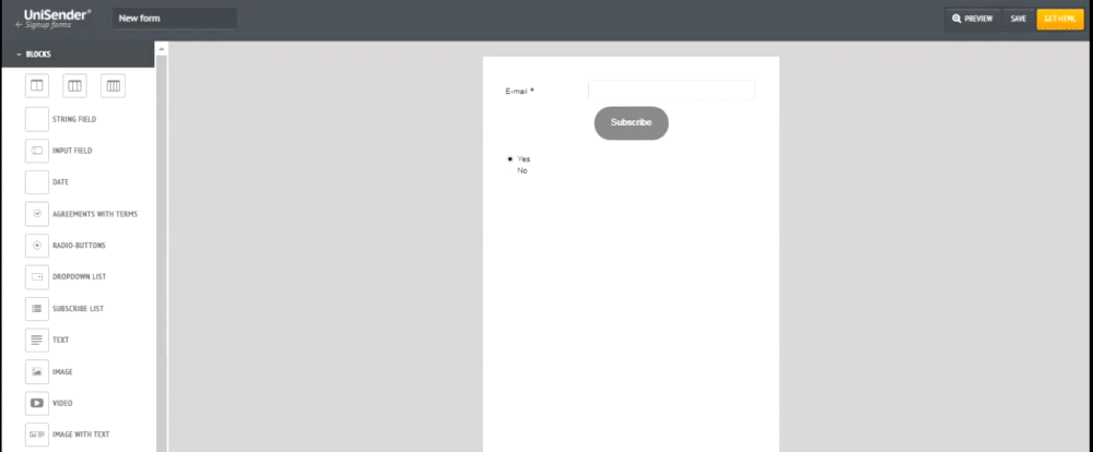 Signup form block builder in Selzy.