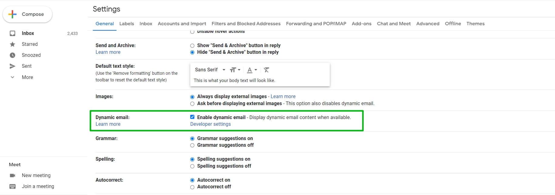 Enabling dynamic email in Gmail.