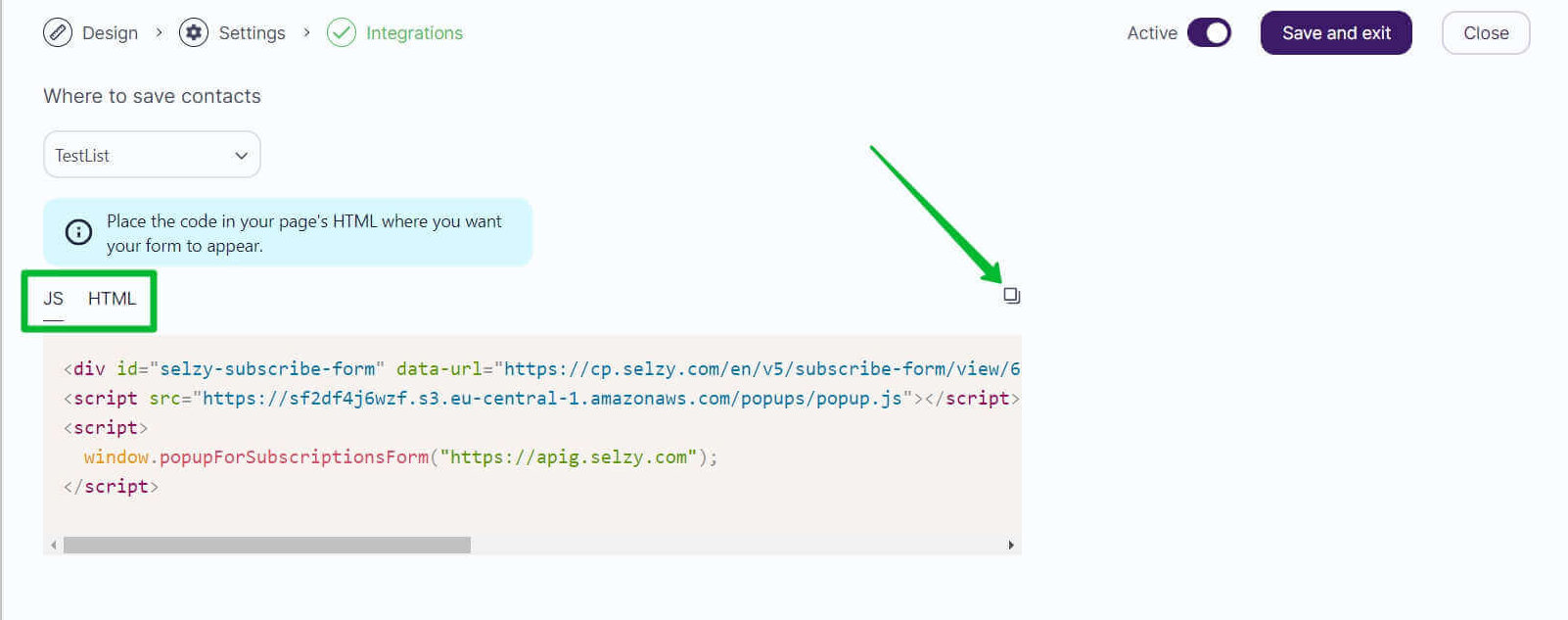 Copying the subscription form code