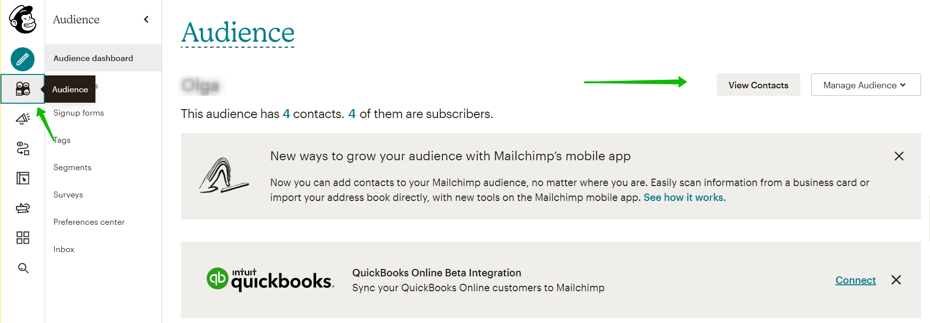 Where to find your contacts in Mailchimp.