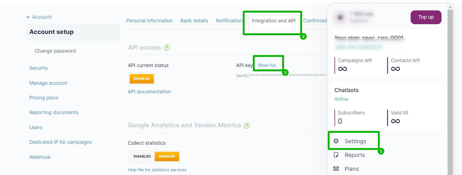 Where to find the API key in Selzy.