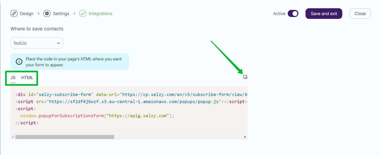 Copying the subscription form code