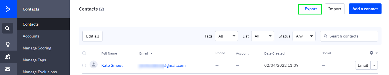Exporting contacts in ActiveCampaign.