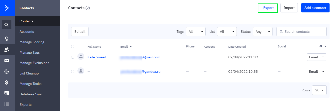 Exporting contacts in ActiveCampaign.