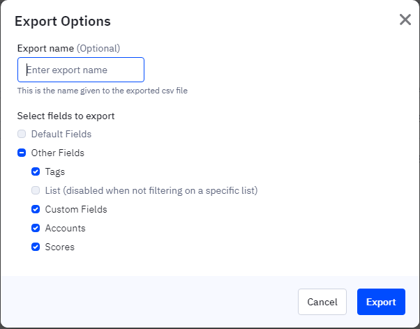 Choosing fields to export in ActiveCampaign.