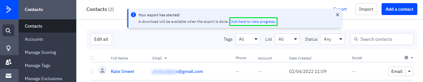 Exporting contacts from ActiveCampaign.