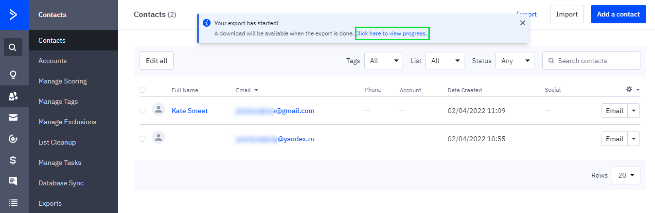 Exporting contacts from ActiveCampaign.