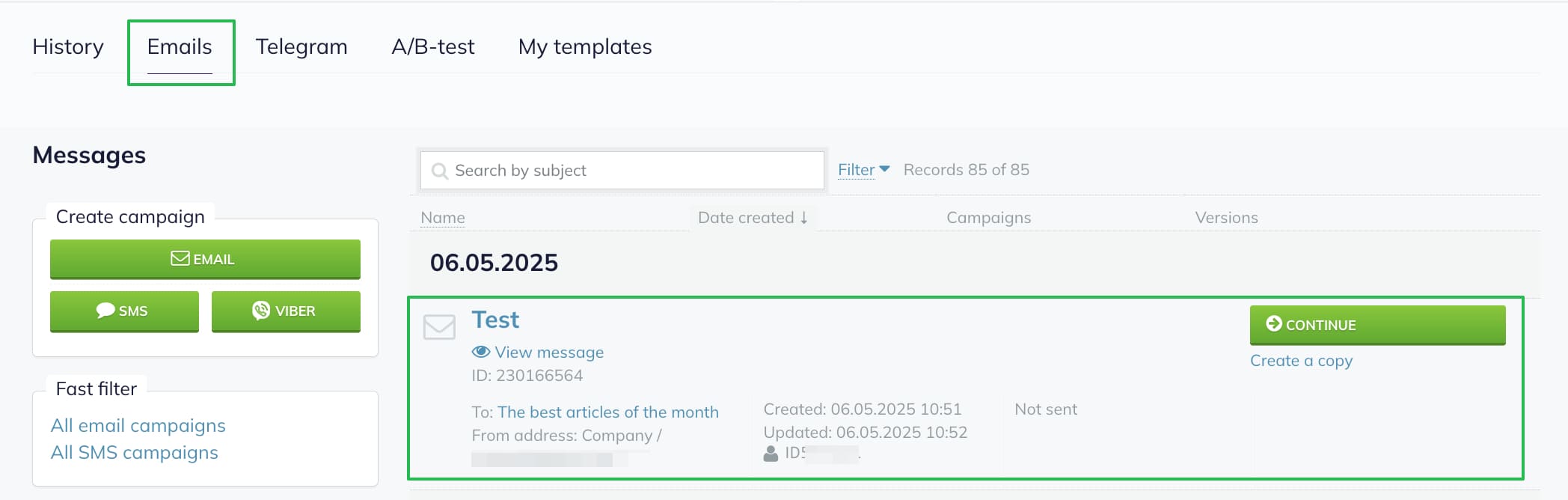 Where saved messages are stored in Selzy.