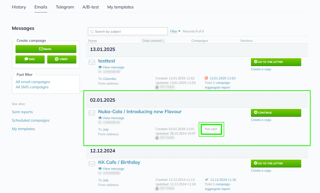The ‘Emails’ tab in Campaigns displays the status of all email campaigns created or sent in Selzy.