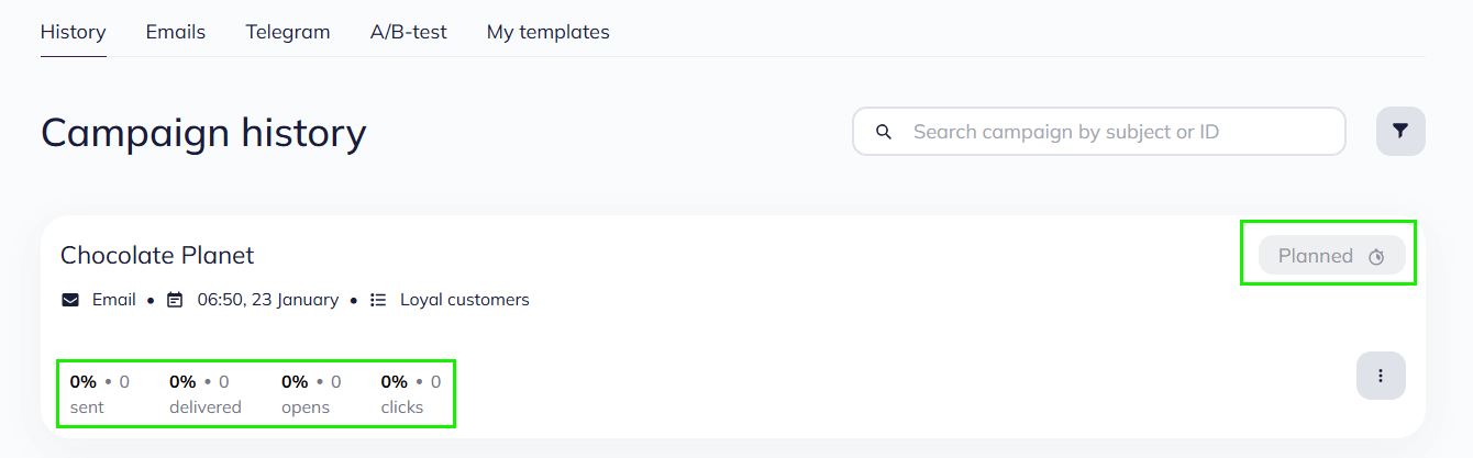 Scheduled Valentine’s Day email campaign in Selzy