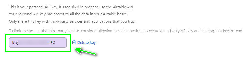 Copying the API key 