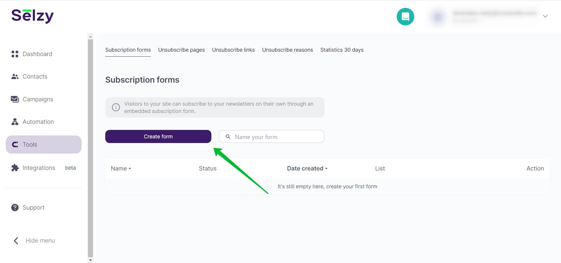 Create form button in the subscription forms subsection