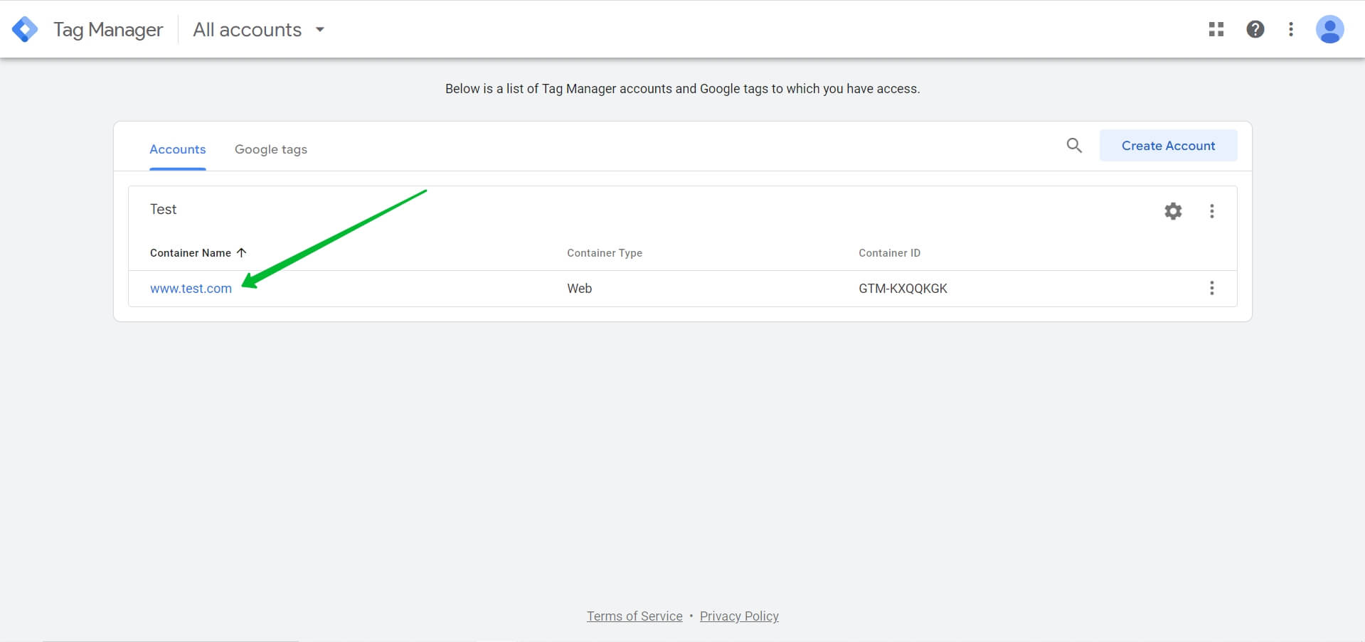 Selecting the website container 