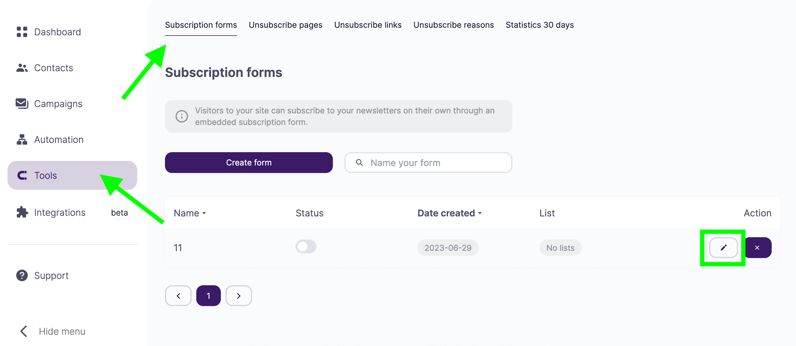 Selecting the form to edit 