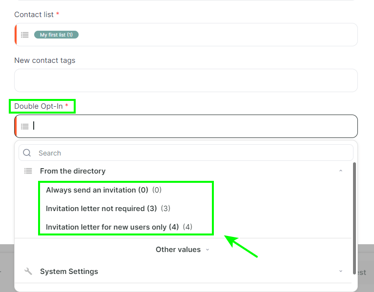 Selecting the Double Opt-In option 