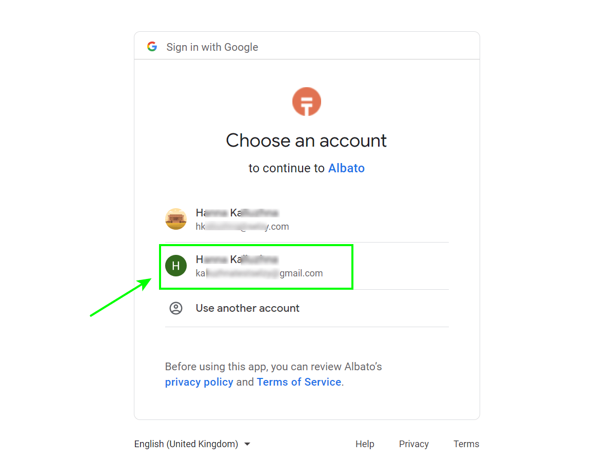 Selecting the Google account for integration
