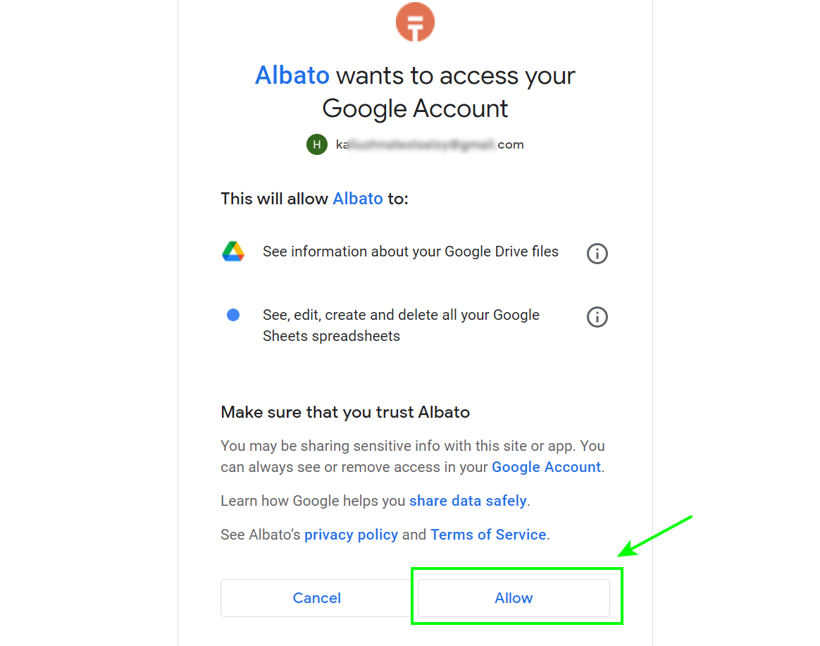  Allowing access to the selected Google account 