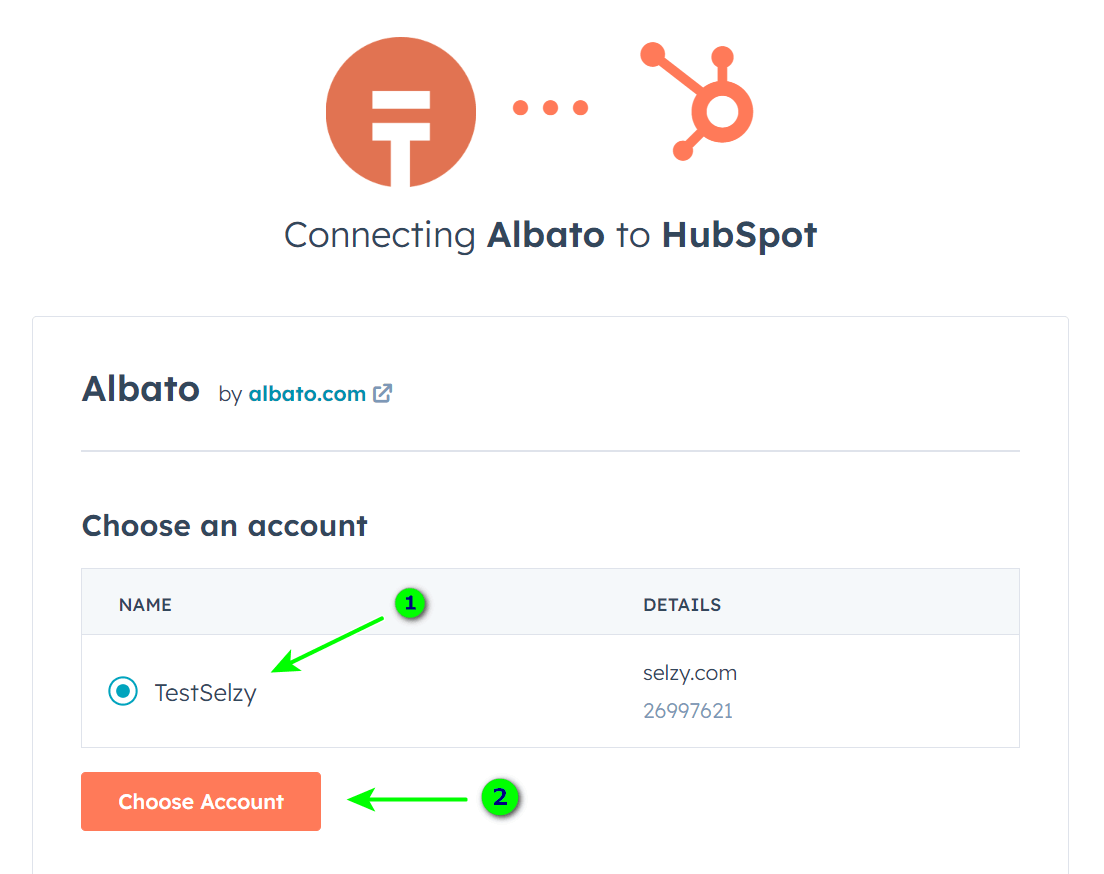 Selecting the HubSpot account for integration 