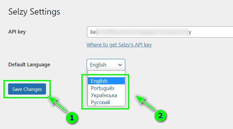 Selecting a language and saving 