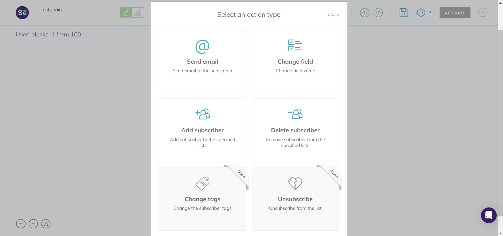 Action types in Selzy: Send email, Change field, Add subscriber, and Delete subscriber options available
