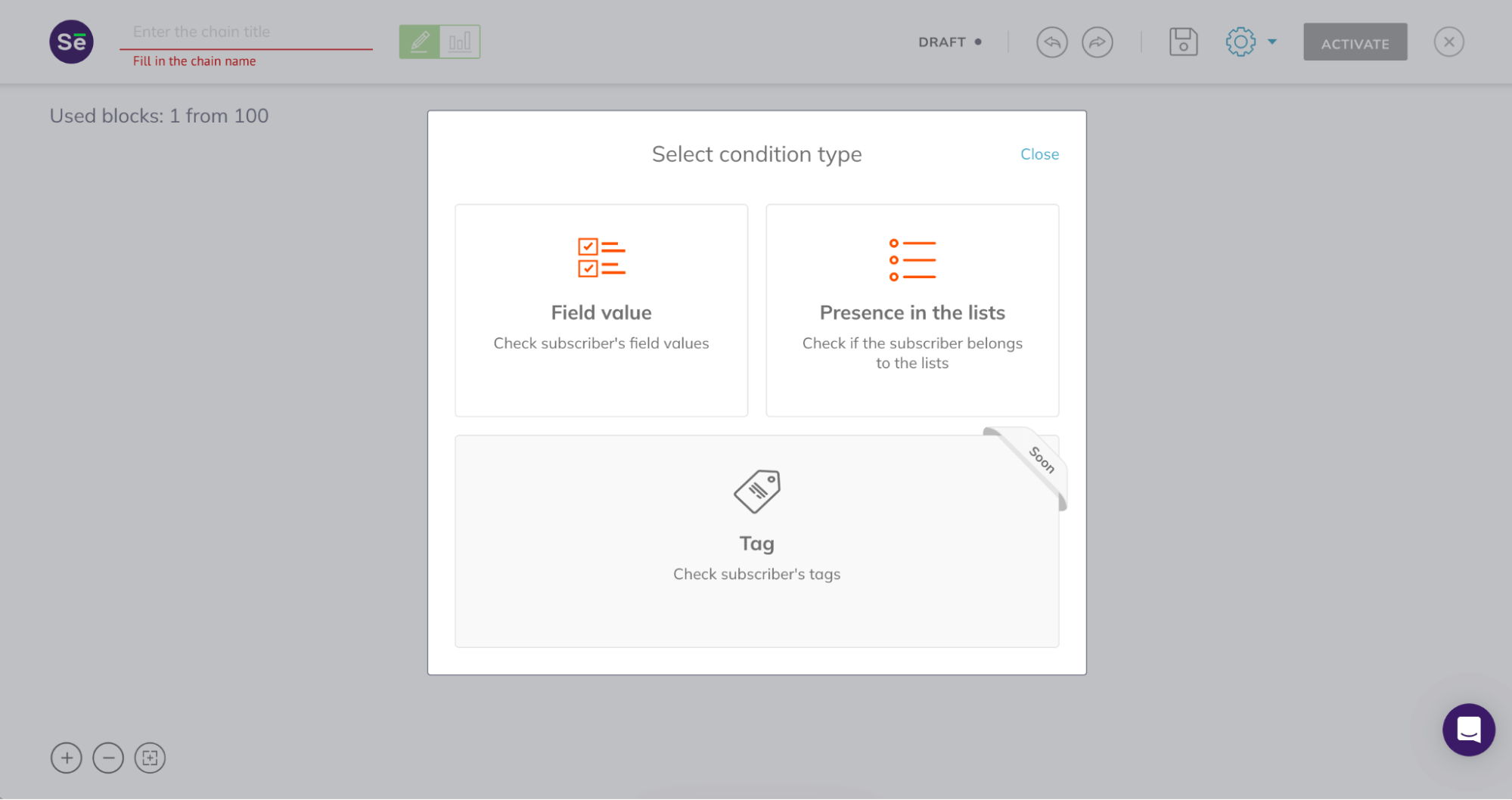 Condition types in Selzy: Field value and Presence in the lists options available